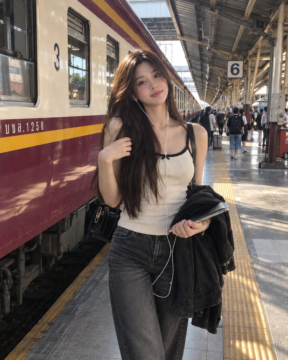 一张具有照片般真实感的随性旅行人像照：一位年轻女子站在繁忙的火车站台上，旁边是一列长长的客运列车。她留着长而笔直、丰盈的深棕色头发，自然地披散在肩膀上并垂至背部，脸颊周围有几缕松…