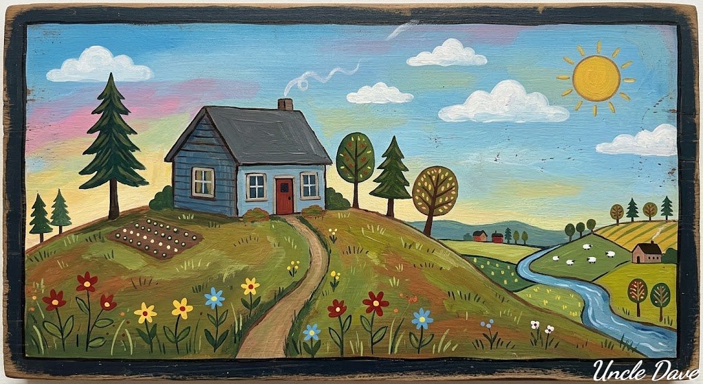 一幅天真质朴的民间艺术风格的画作 《山丘上的静谧小屋》 @midjourney 上一张图片的提示词：一幅天真质朴的民间艺术风格的画作——山丘上的一所安静小屋 --ar 3:2 -…
