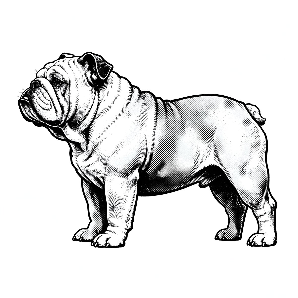 一幅黑白插画描绘了一只斗牛犬，置于白色背景中央。斗牛犬以全身、侧面的视角呈现，面朝左侧。其肌肉发达的身躯清晰可见，头部宽阔，面部布满皱纹，下颌略微突出。狗的耳…
