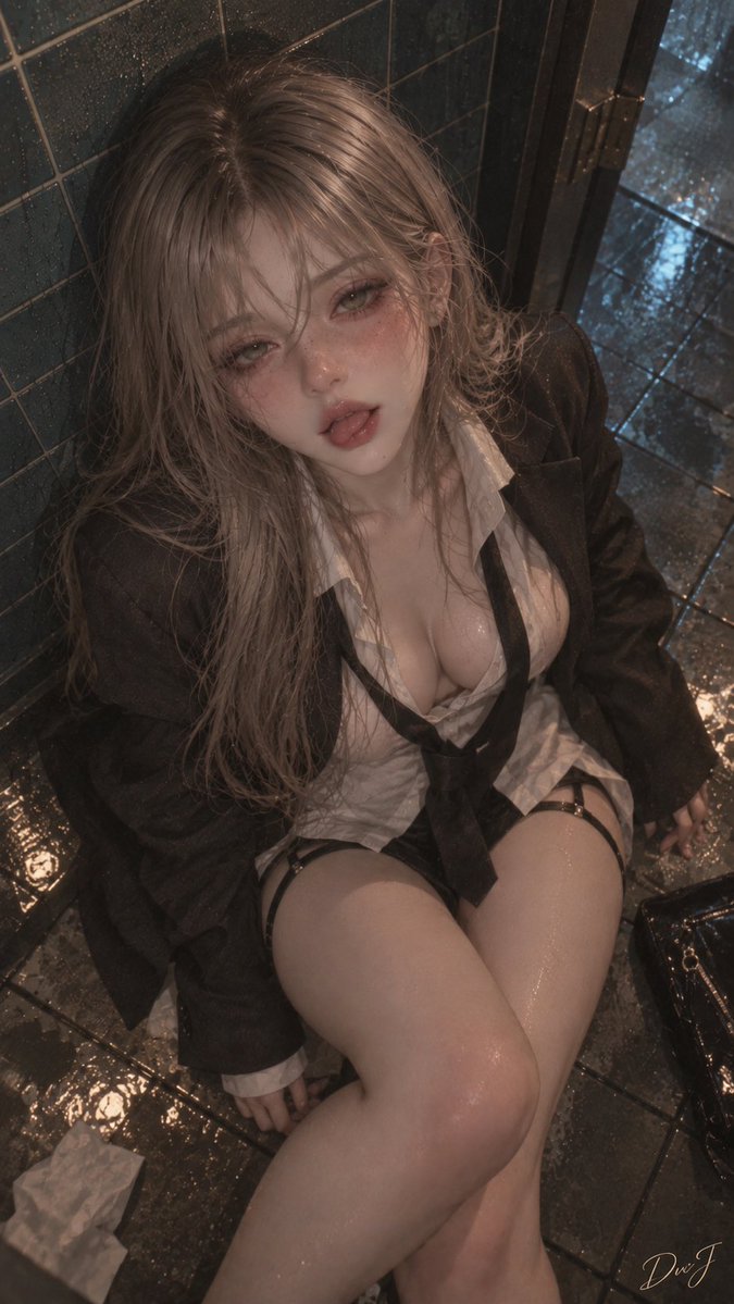 …🍺 prompt-image2: 创作一幅深夜氛围感强烈的人像肖像：一位成年女性坐在一间老旧日本公共卫生间潮湿的地面上。紧凑的竖构图，略带俯视角度，抓拍式构图，身体呈对角线倾斜…