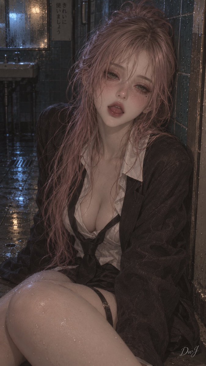 …🍺 prompt-image2: 创作一幅深夜氛围感强烈的人像肖像：一位成年女性坐在一间老旧日本公共卫生间潮湿的地面上。紧凑的竖构图，略带俯视角度，抓拍式构图，身体呈对角线倾斜…