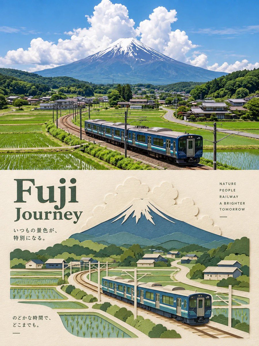 一幅垂直分栏的旅行海报，上半部分是摄影实景，下半部分是同一场景的3D分层纸艺插画。 上半部分（写实摄影）：一幅广角、高度细节、色彩鲜艳的[插入地点/景观，例如…