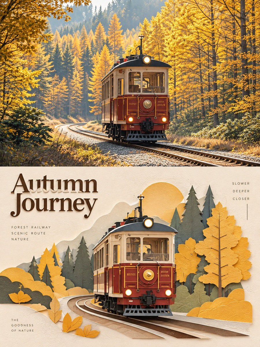 一幅垂直分栏的旅行海报,上半部分是摄影实景,下半部分是同一场景的3D分层纸艺插画。 上半部分(写实摄影):一幅广角、高度细节、色彩鲜艳的[插入地点/景观,例如:宁静的瑞士阿尔卑斯…
