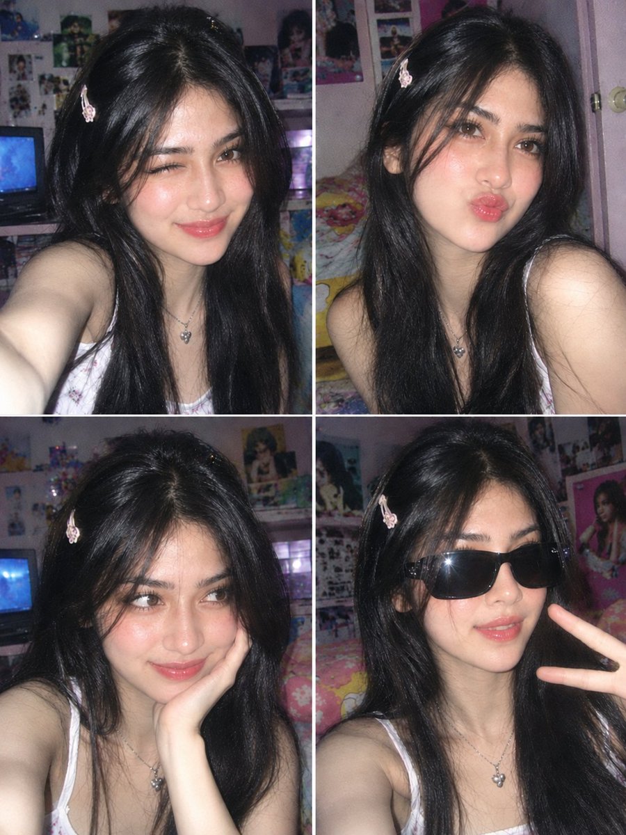 创作一张怀旧的4格大头贴风格自拍拼贴画，画面中是一位成年女性，每一格展现不同的俏皮表情和姿势，呈现银色数码相机闪光灯效果，略微过曝的高光，光泽感十足的Y2K千…