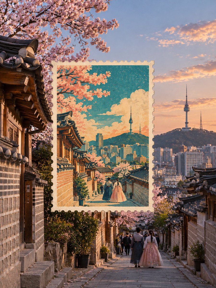 为 [COUNTRY / LOCATION / SUBJECT] 创作一幅高品质复古风格的日本旅行海报邮票艺术作品。 仅限文字生成图像（TEXT-TO-IMAGE）——仅根据地点…