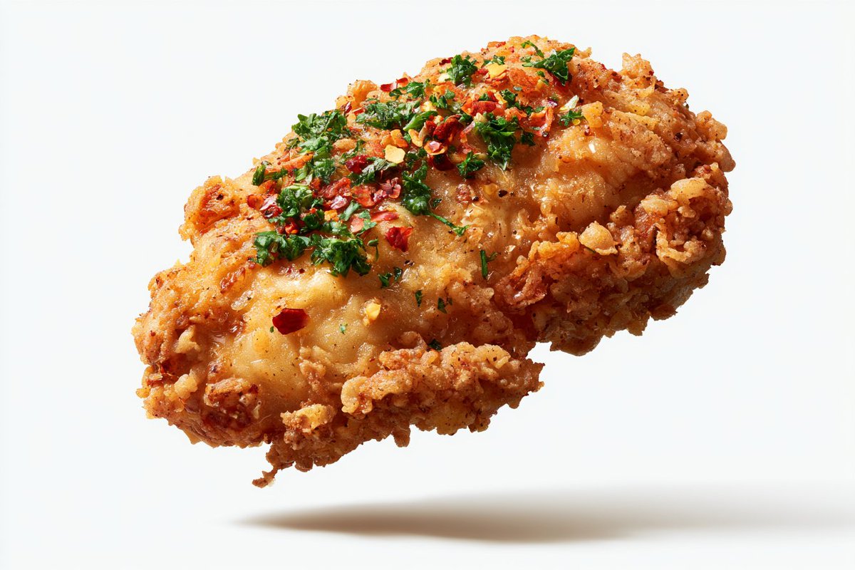 [主体]顶部装饰着[配料]，悬浮于半空中，以纯净的白色孤立背景衬托，高端美食摄影，丰富的自然表面纹理，开胃的细节，逼真的纤维与水分，细腻的调味，柔和的影棚照明…