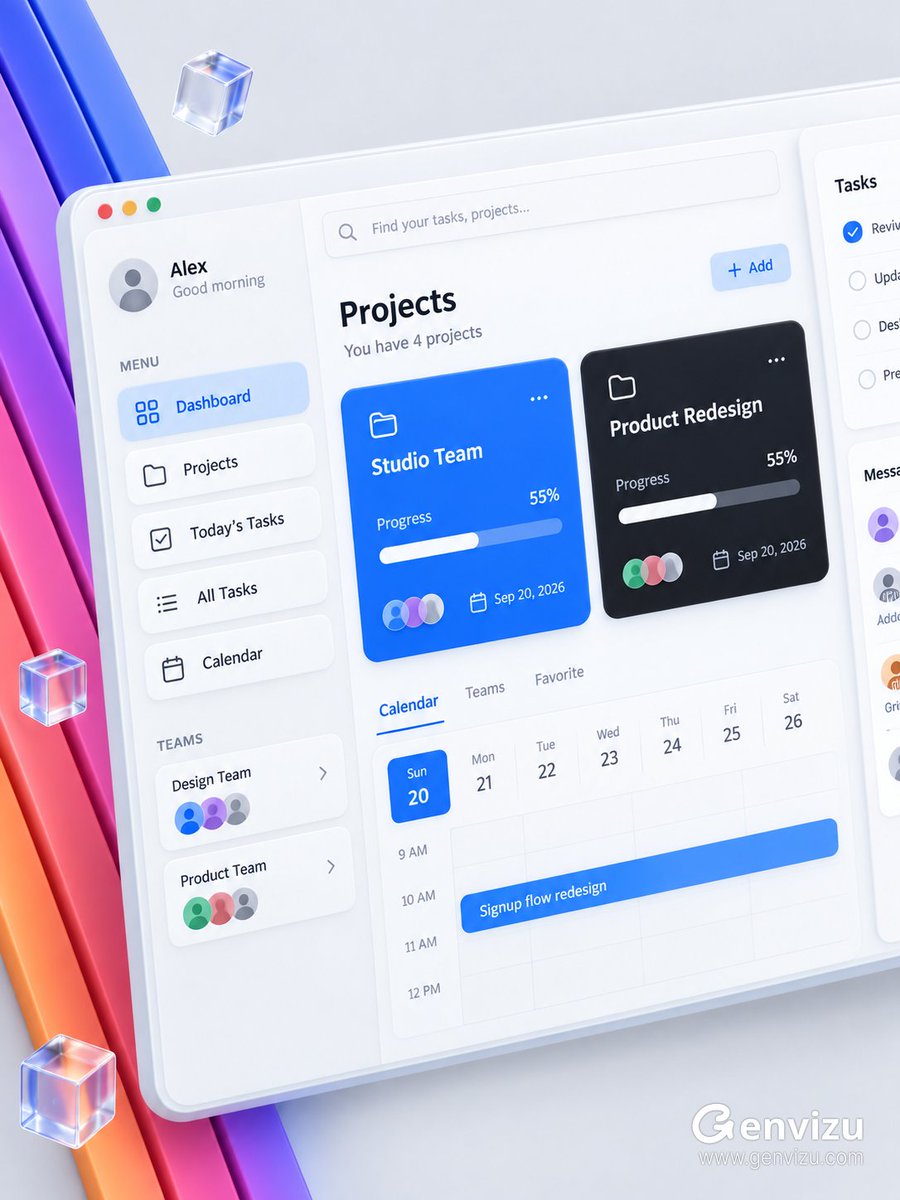 用途：ui-mockup。资产类型：高级无品牌的 Microsoft 365 / Fluent 风格 3D 桌面项目管理仪表板展示。在坚实不透明的浅冷灰色背景…