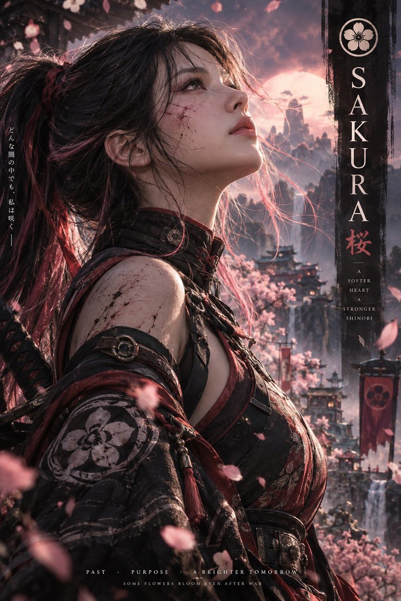 灵感源自传奇忍者世界与现代动漫电影的极致电影感动漫角色海报,采用高端动漫–写实混合风格的真实女战士。竖版电影海报构图,胸部以上侧脸近景特写,目光仰望向天空,神情平静而充满力量,彰…