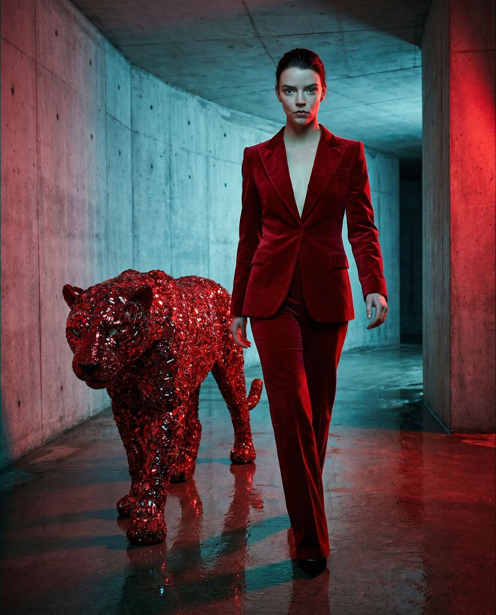 { "vibe_title_en": "Ruby Resolve", "master_prompt": "A hyper-realistic, avant-garde fashi…