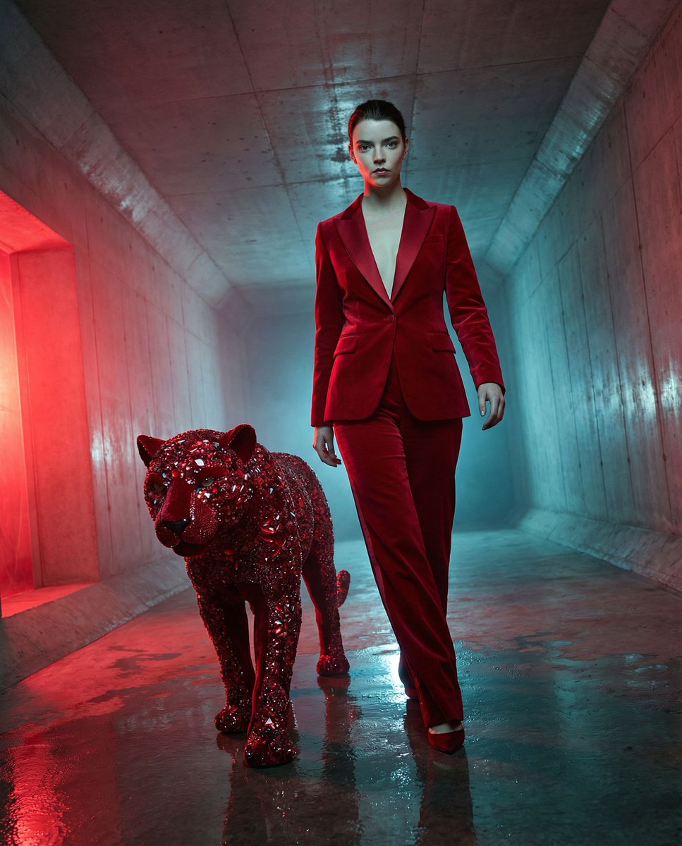 { "vibe_title_en": "Ruby Resolve", "master_prompt": "A hyper-realistic, avant-garde fashi…