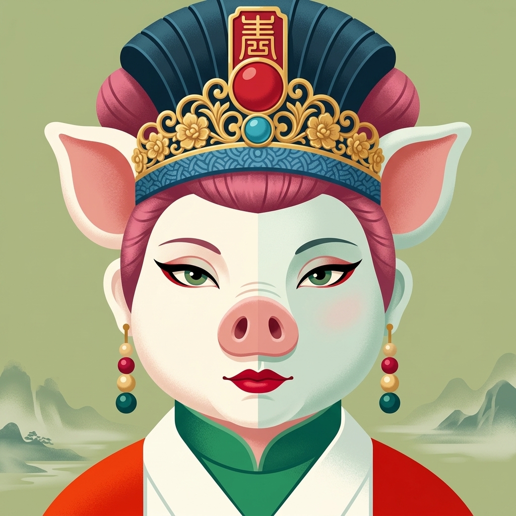 <🐽☂️> 女王 提示词👇 正面特写肖像，一个梦幻般的[你想用的角色和风格]女王，面部沿正中央纵向对称分割为两个几乎相同的半边，仅有微妙的色调偏移（右侧偏冷的淡青瓷绿，左侧偏暖的…