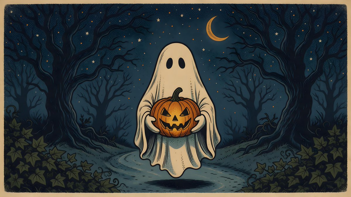 一幅复古风格的插画描绘了一个幽灵在夜晚穿过一片阴森的森林，手里提着一个杰克南瓜灯。幽灵由一块带有两个黑色眼孔的简单白布构成，位于画面中央，手中捧着一个雕刻着狰…