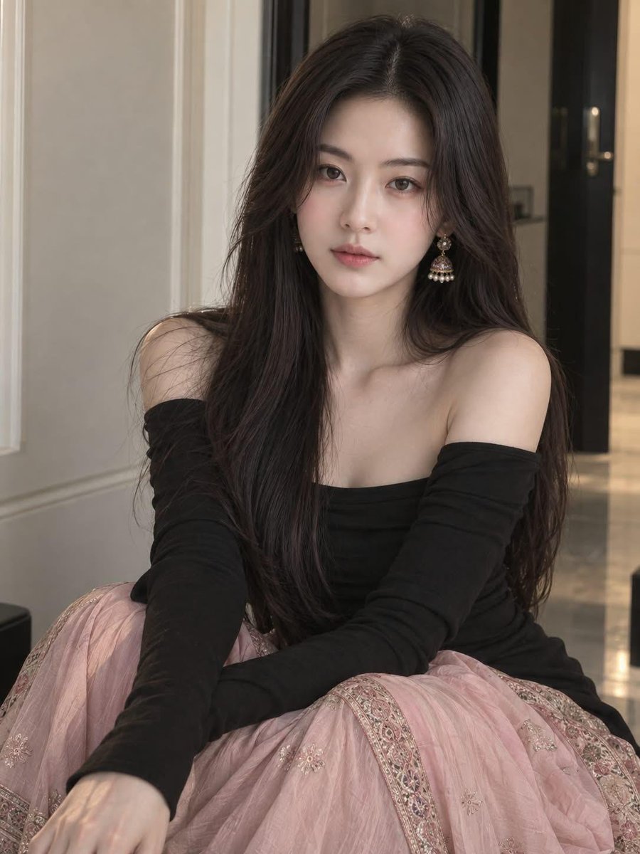 一张超现实、精致优雅的年轻南亚女性室内坐姿肖像。她有着一头浓密的深棕色长发，中分，自然地披落在双肩之上。她的五官精致，皮肤质感自然，妆容柔和，眉形清晰，眼线细腻，唇色粉红，神态平…