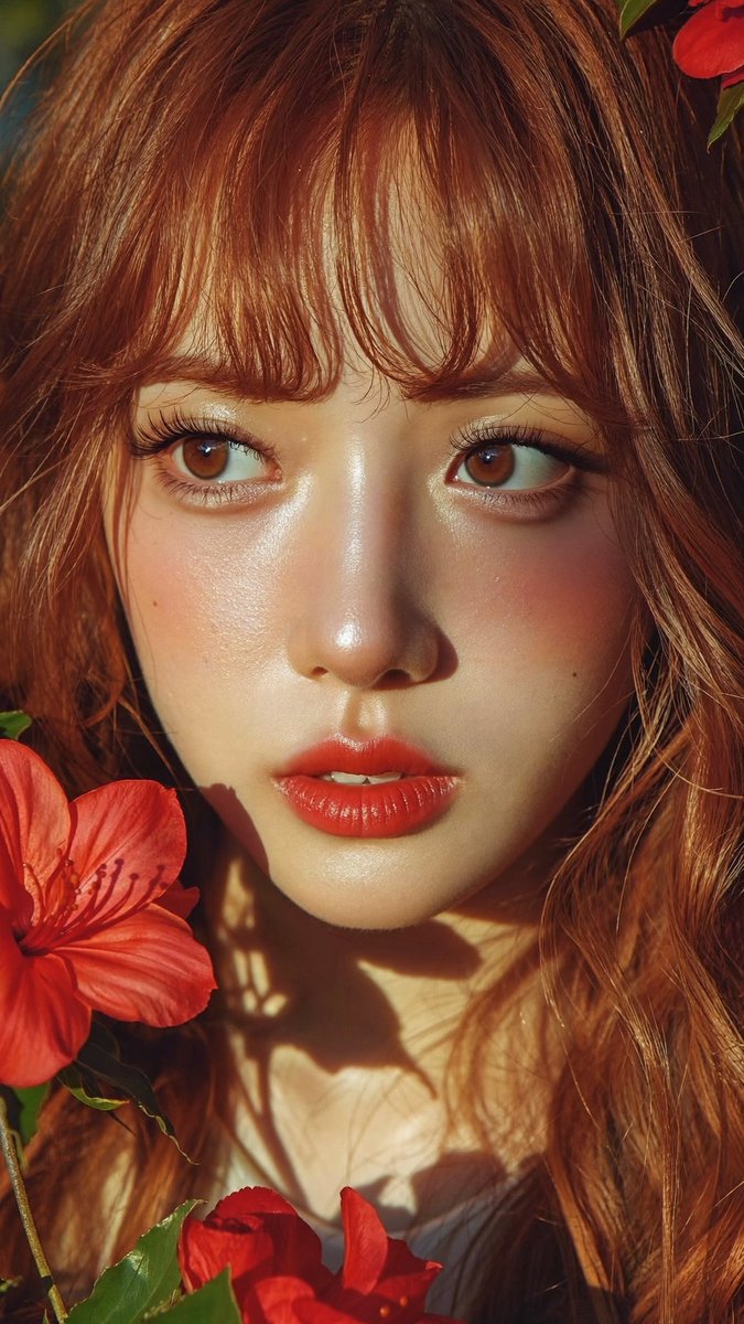 [Higgsfield Soul 2.0 提示词] ar 9:16 2K 一张超写实的特写肖像，主体为一位美丽的东亚年轻女性，留着飘逸柔顺的红棕色长发，额前垂…