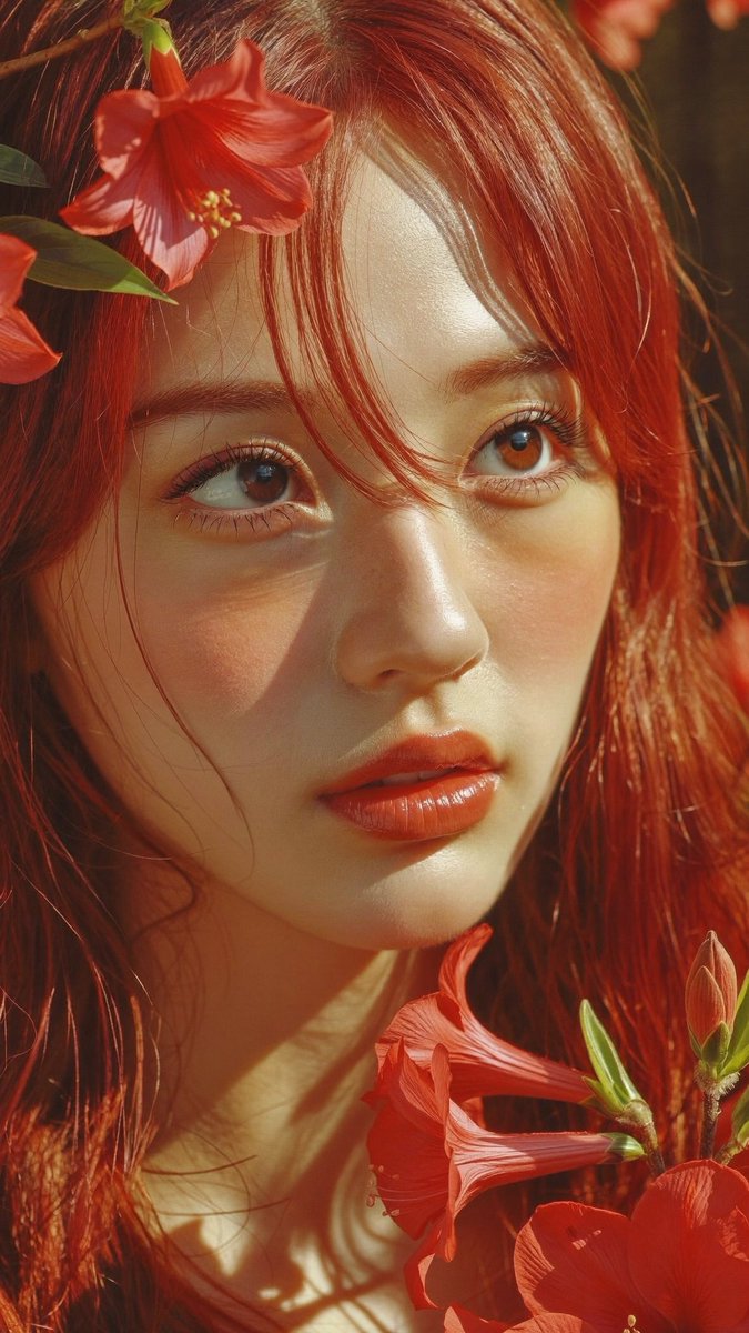 [Higgsfield Soul 2.0 提示词] ar 9:16 2K 一张超写实的特写肖像，主体为一位美丽的东亚年轻女性，留着飘逸柔顺的红棕色长发，额前垂着轻盈的碎刘海。她拥…