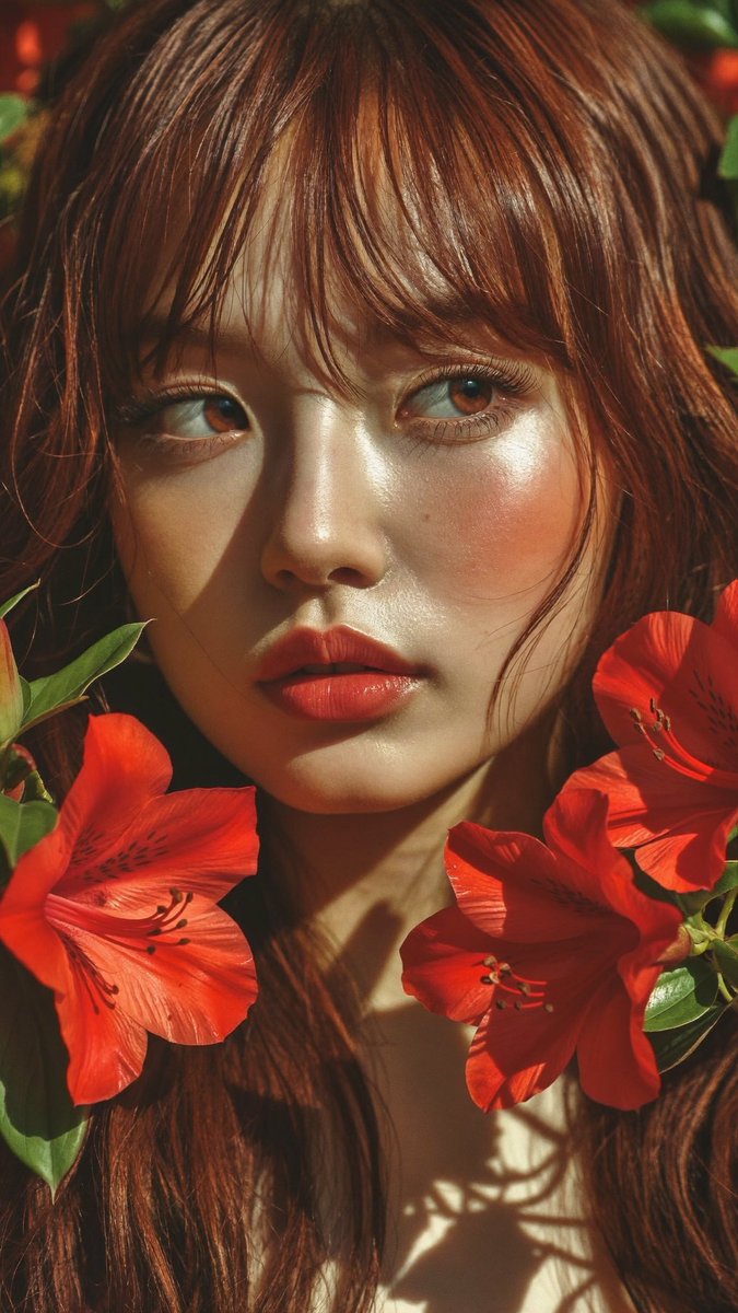 [Higgsfield Soul 2.0 提示词] ar 9:16 2K 一张超写实的特写肖像，主体为一位美丽的东亚年轻女性，留着飘逸柔顺的红棕色长发，额前垂着轻盈的碎刘海。她拥…
