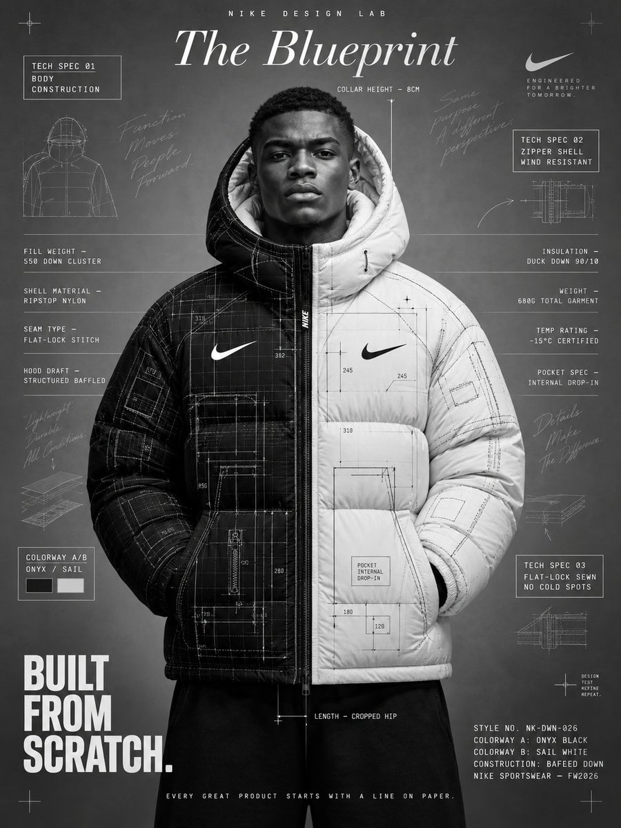 创作一张高端概念 Nike 产品广告海报,方形 4:3 比例,完全黑白单色。"THE BLUEPRINT"——设计师对 Nike 羽绒服的技术解构。夹克沿垂直…