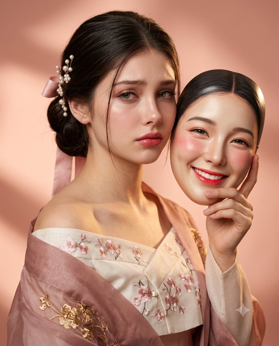 超写实电影级美女人像，保留参考面部的精确面部身份和可识别特征。她身穿优雅的传统风格韩国韩服，色调为柔和的腮红粉和象牙白。她有一头深黑色长发，梳成精致的低发髻…