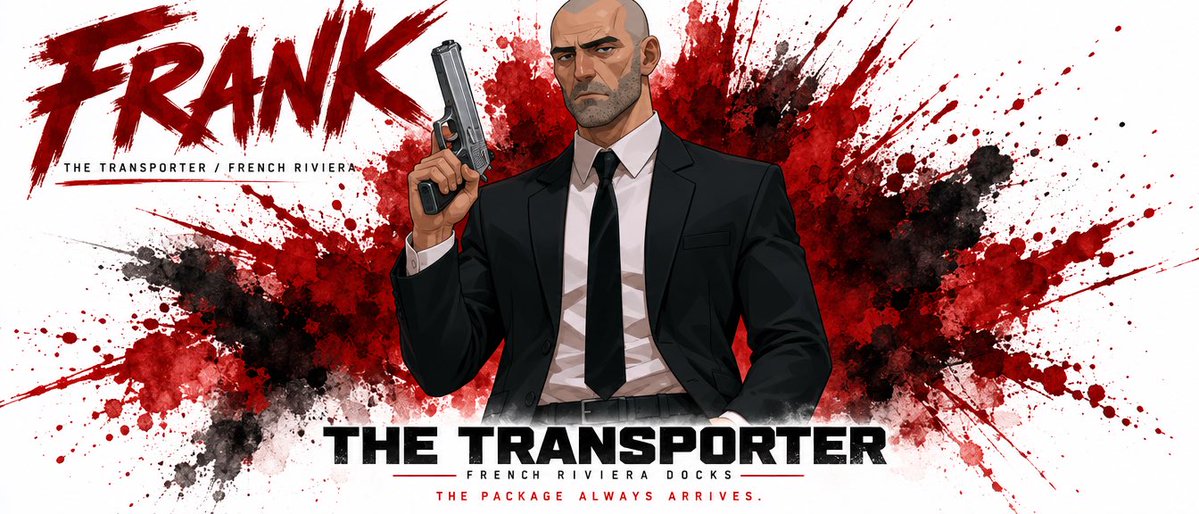 为 FRANK 创作一份高端电影级角色圣经图集。严格以上传的角色设定图作为视觉参考。不得更改其外观。 布局：单一角色独版格式。角色居中，深红与黑色水彩泼溅在其…