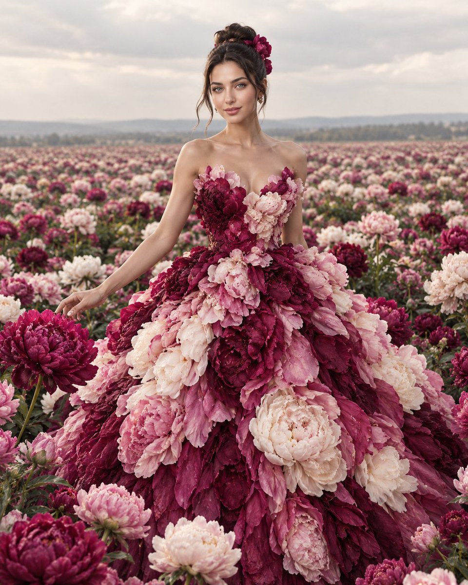 创作一幅高分辨率、照片级真实感的高端时尚编辑人像：一位优雅的女性伫立在无边无际、繁花盛开的牡丹花海中。她身着一件非凡的高级定制礼服，整件礼服完全由层层叠叠的超…