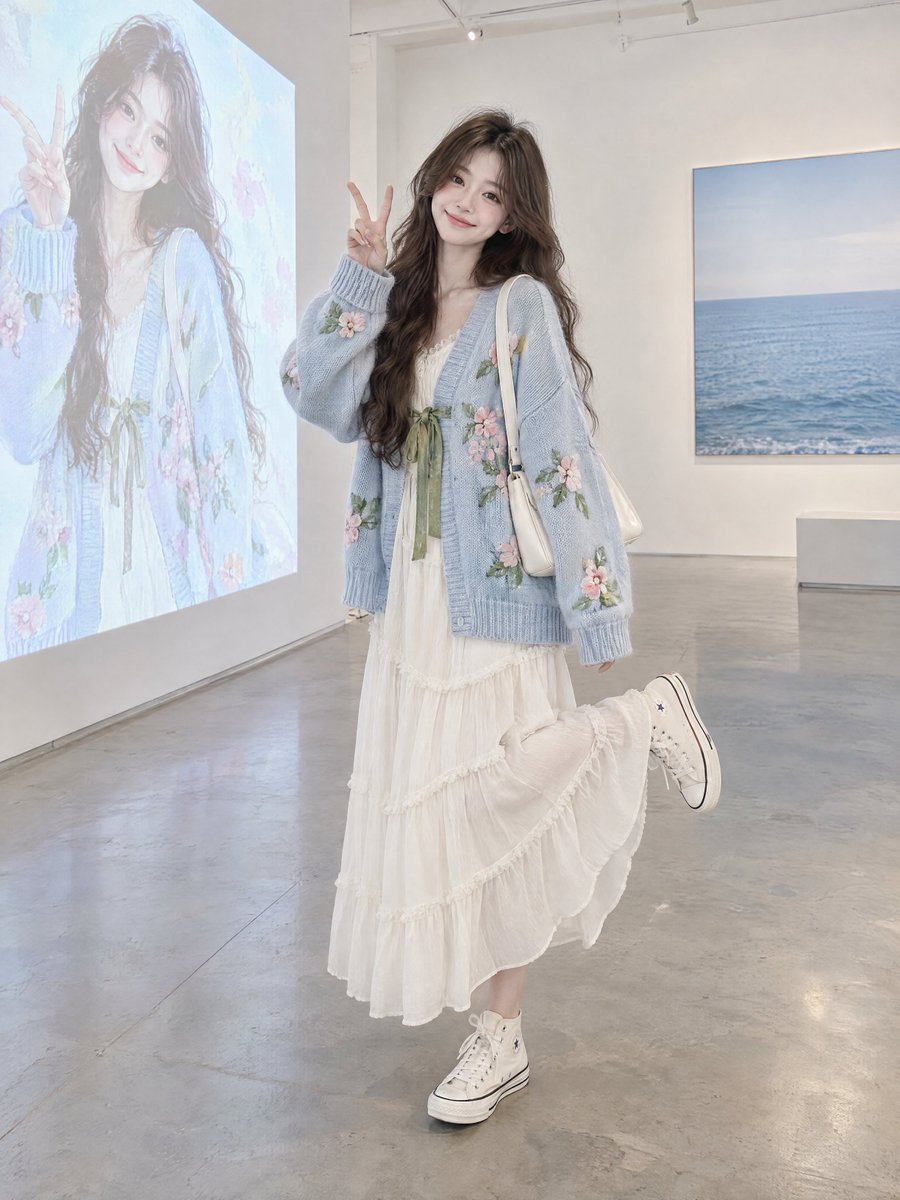 一张照片级写实风格的全身穿搭时尚肖像照，画面中一位年轻女性在明亮极简的当代艺术画廊里俏皮地摆姿势。她拥有一头丰盈的深棕色长发，造型为柔和自然的波浪卷，发丝披落…