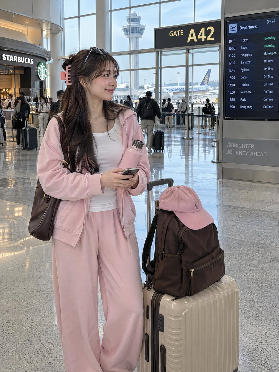 一张照片写实风格的自然抓拍旅行照片，拍摄一位年轻女性站在一座明亮现代的国际机场航站楼内，靠近一个登机口。她有一头柔顺的深棕色长发，半扎发型用一只大号浅粉色鲨鱼…
