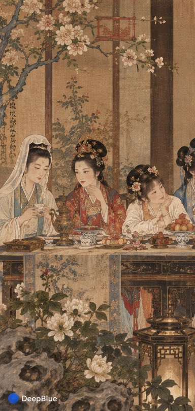 《红楼梦·群芳夜宴》 × 《最后的晚餐》13人经典群像构图 × 仅借用横向群像结构 × 约1.9:1宽幅 × 画面左侧6人：妙玉、王熙凤、史湘云、探春、李纨、…
