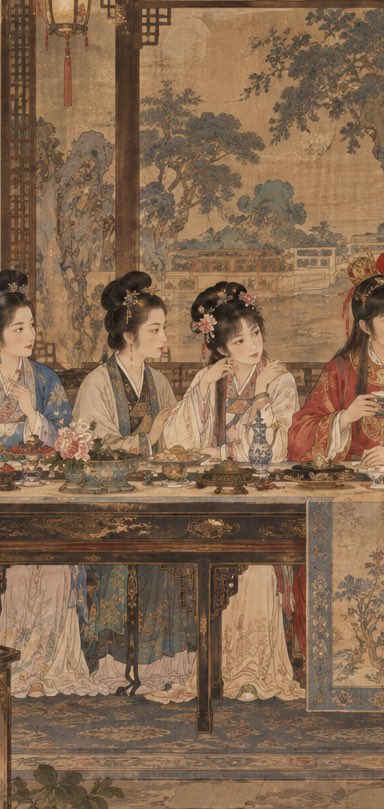 《红楼梦·群芳夜宴》 × 《最后的晚餐》13人经典群像构图 × 仅借用横向群像结构 × 约1.9:1宽幅 × 画面左侧6人：妙玉、王熙凤、史湘云、探春、李纨、林黛玉 × 中央：贾…