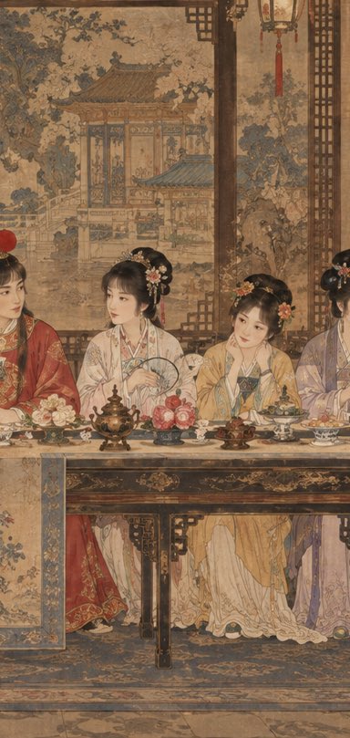 《红楼梦·群芳夜宴》 × 《最后的晚餐》13人经典群像构图 × 仅借用横向群像结构 × 约1.9:1宽幅 × 画面左侧6人：妙玉、王熙凤、史湘云、探春、李纨、林黛玉 × 中央：贾…