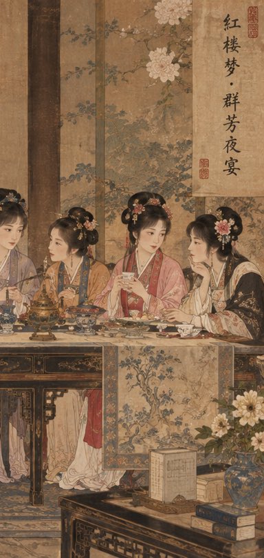 《红楼梦·群芳夜宴》 × 《最后的晚餐》13人经典群像构图 × 仅借用横向群像结构 × 约1.9:1宽幅 × 画面左侧6人：妙玉、王熙凤、史湘云、探春、李纨、林黛玉 × 中央：贾…