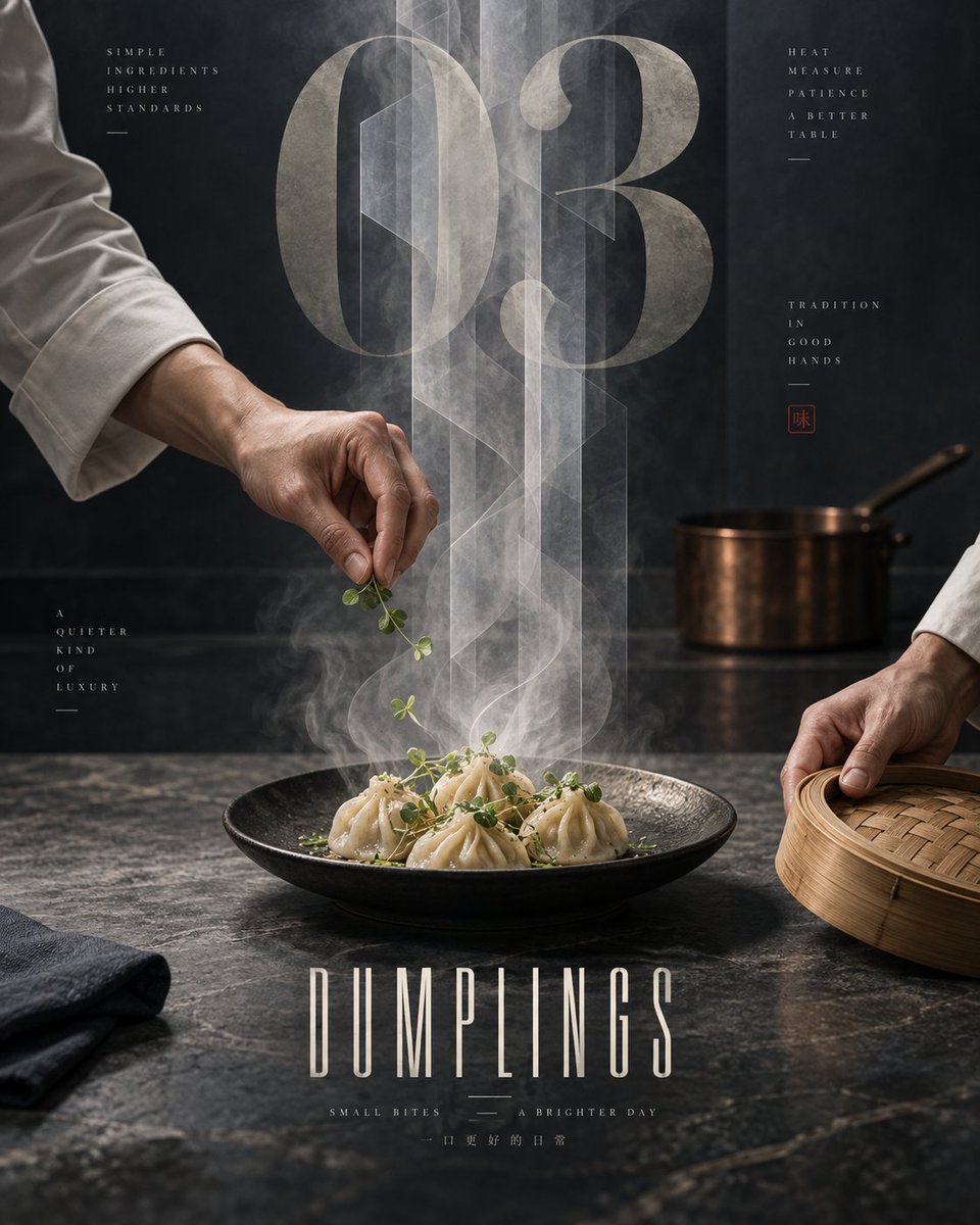 竖向 4:5 编辑级食物海报,画面中央是一份手工蒸饺,置于深色锤纹陶瓷盘中,搁于炭灰色石质台面上。构图居中,极具建筑感。 一缕高耸的热气柱从蒸饺正上方升起,成为画面中最主要的图形…