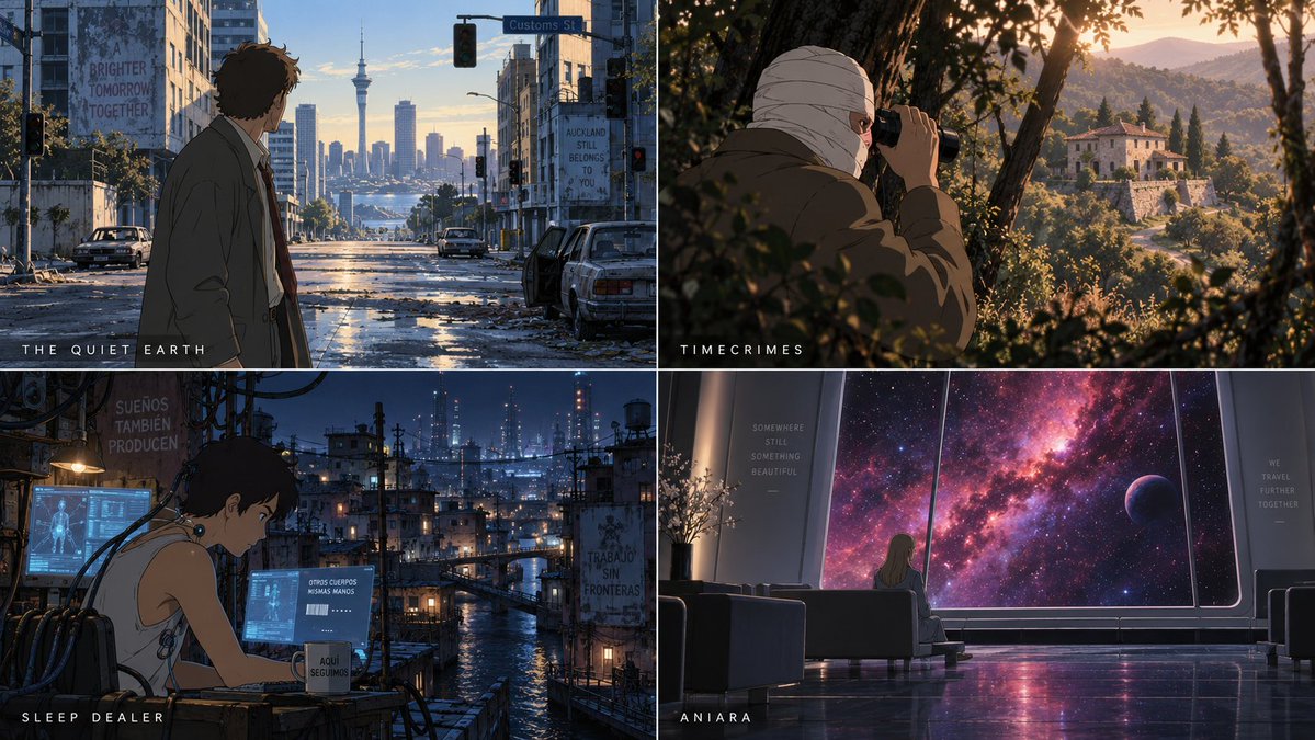 2x2 网格，16:9，为 4 部被低估的国际科幻电影执行此操作：// FN: anime_still(CHARACTER, SETTING, TIME, E…