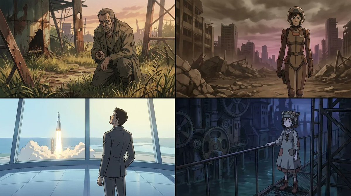 2x2 网格,16:9,为 4 部被低估的国际科幻电影执行此操作:// FN: anime_still(CHARACTER, SETTING, TIME, ERA, TIER…