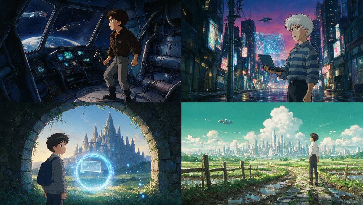 2x2 网格,16:9,为 4 部被低估的国际科幻电影执行此操作:// FN: anime_still(CHARACTER, SETTING, TIME, ERA, TIER…
