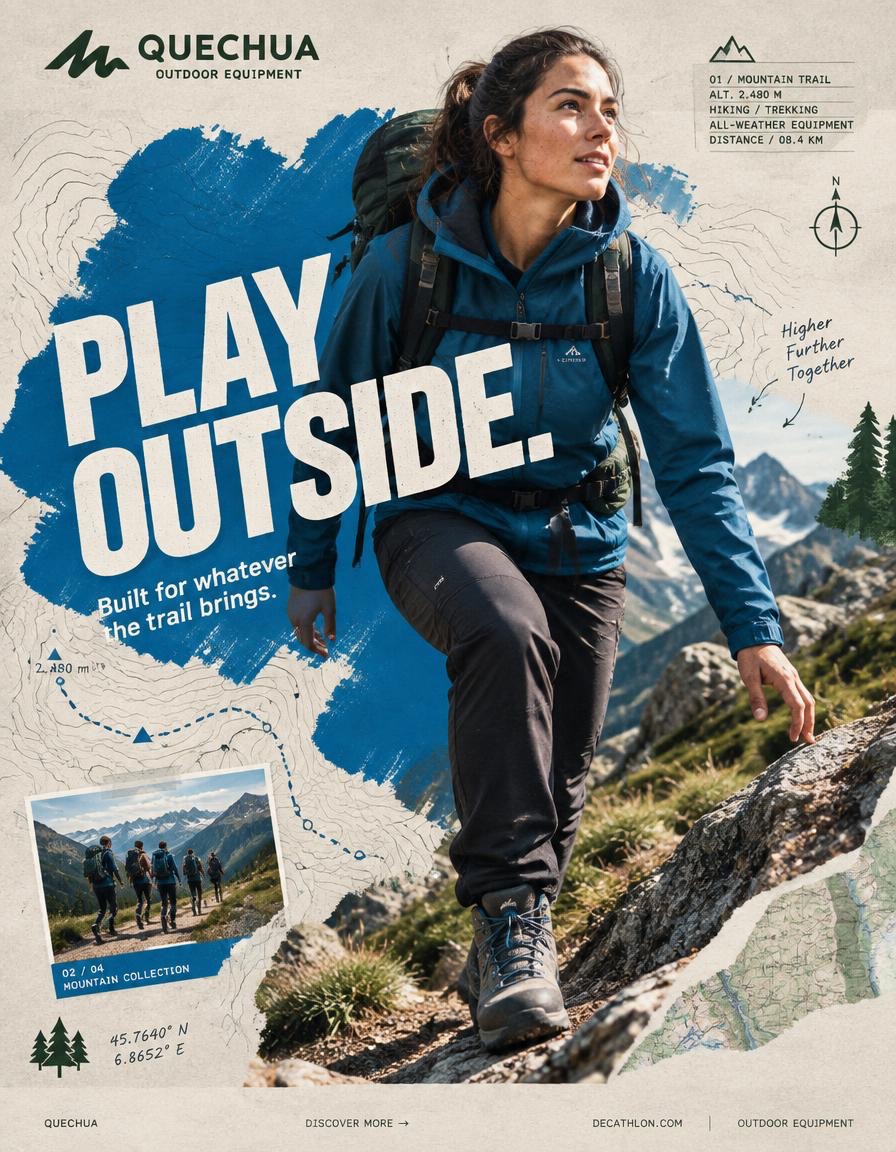QUECHUA——“PLAY OUTSIDE.”(走出去,玩起来。) BEHANCE 级别的数字拼贴广告战役 格式 超高端 QUECHUA 户外广告战役主视觉 竖版 4:5 In…