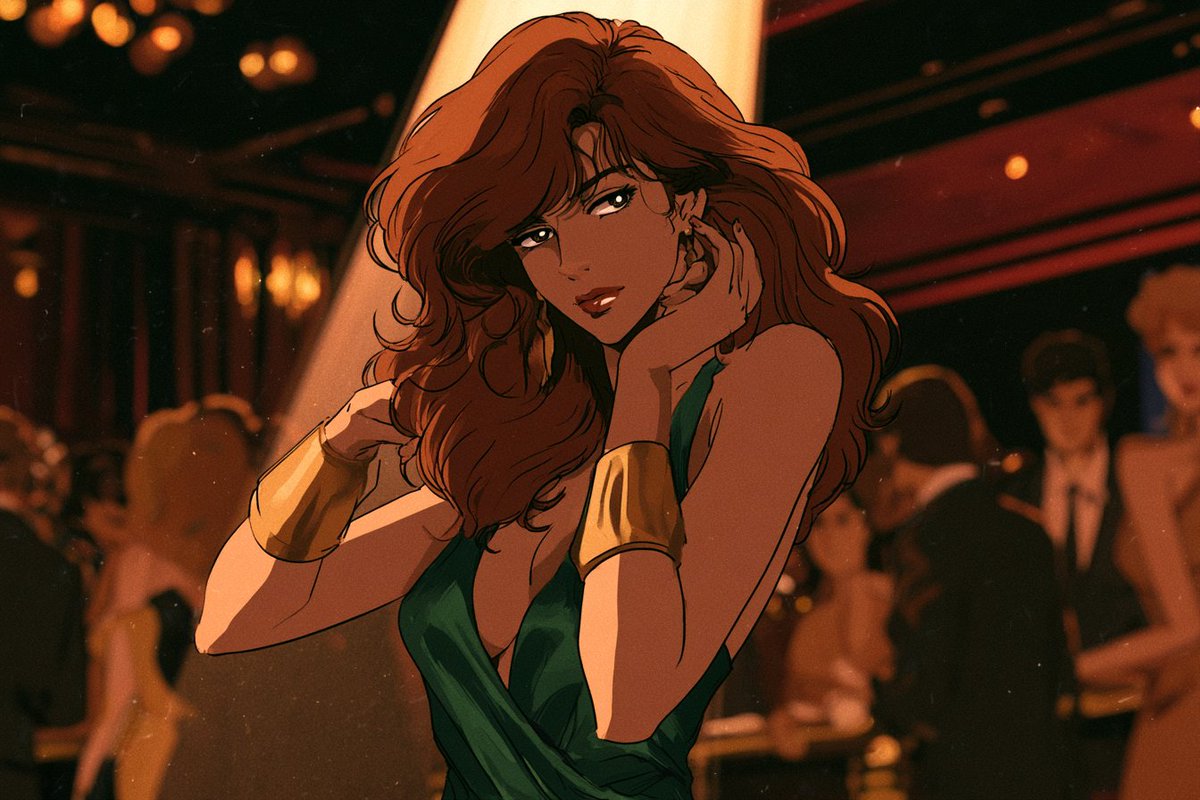 精致的成年[character]身处奢华的1980年代[setting],复古手绘动漫风格,[hair],犀利传神的双眼,优雅成熟的五官,身着[outfit]…