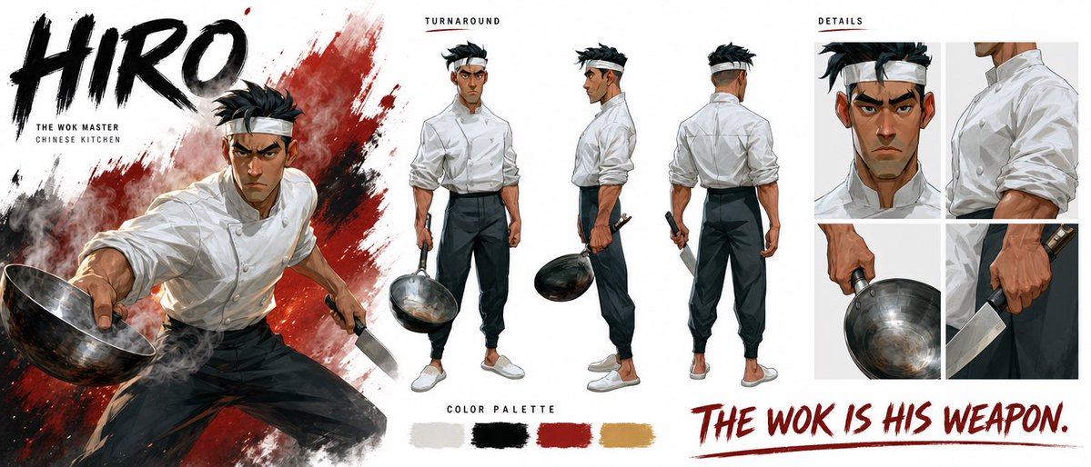 "为 HIRO 制作一份高端电影级角色圣经页。严格以上传的角色设定图作为视觉参考，不要改变他的外观。 左侧：左上角用厚重大胆的笔刷字体写上 HIRO，字体颜色…