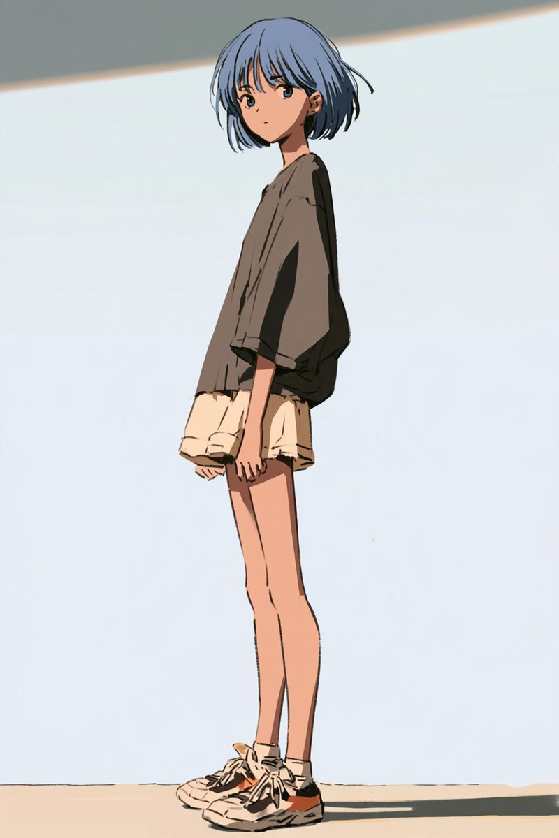 使用 @[character ref] 作为唯一的角色与视觉风格参考：保留小女孩的脸、年龄、蓝灰色波波头、宽松的炭灰-灰褐色 T 恤、米色翻边短裤、米白袜以及…