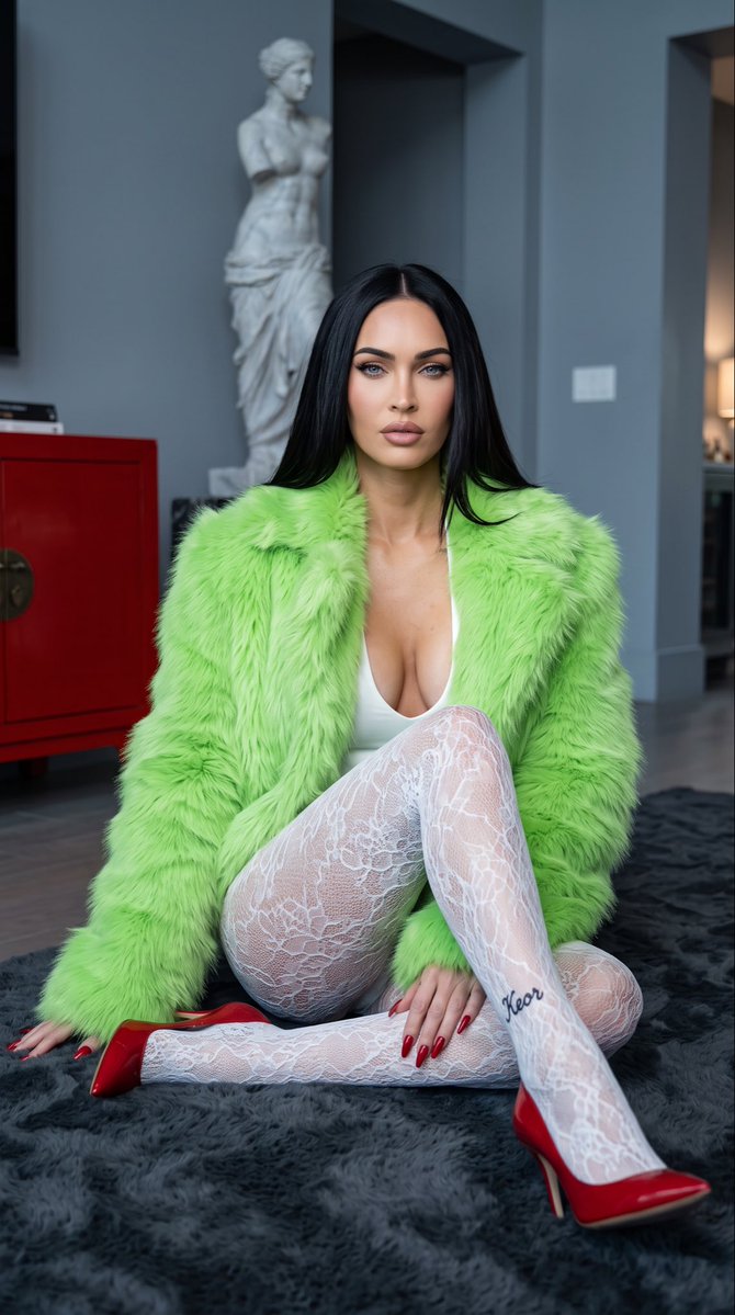 超写实 9:16 高时尚人像，年轻成年女性 megan fox 坐在一间宽敞的深色豪华客厅内的奢华绒面地垫上。她正面朝向镜头，脸部完全可见，长直黑发，瓷白肤色…