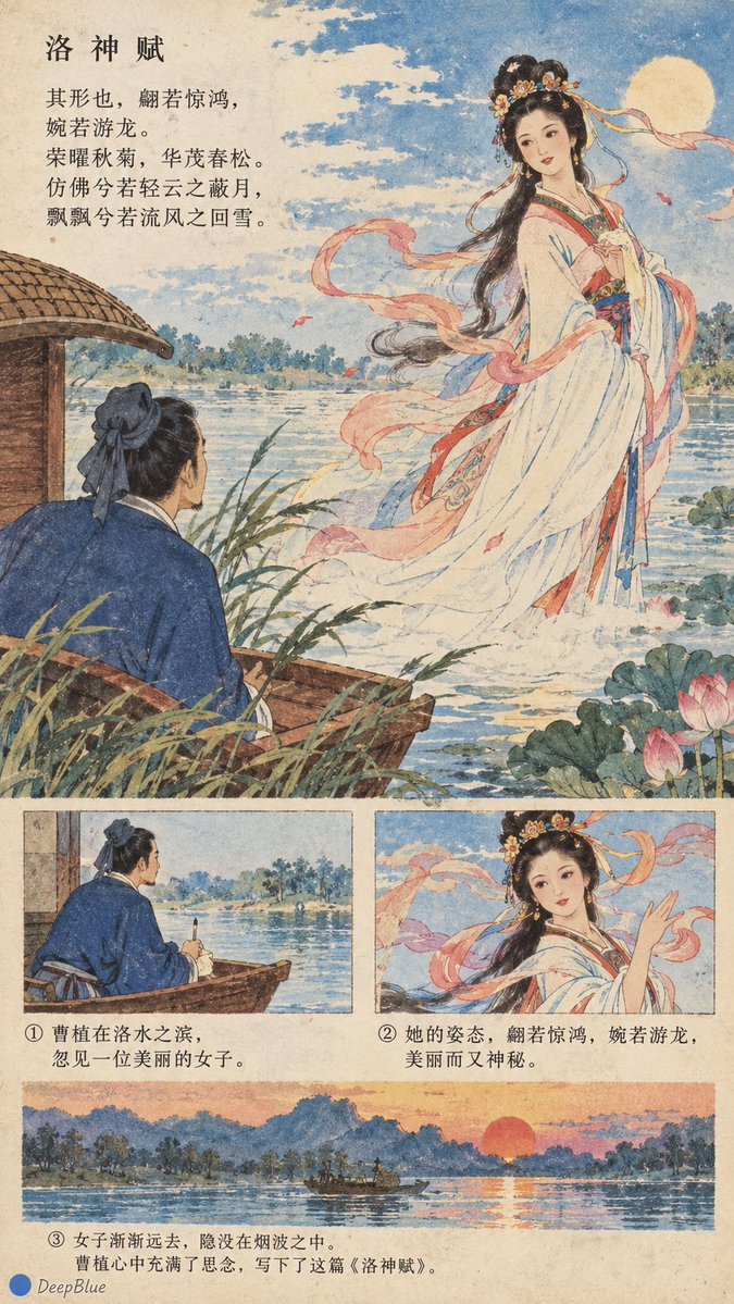 【主体】 × 90年代中国小学语文课本插画 × 明快色彩 × 情节插图 × 旧教材印刷质感 以下4图主体分别是： 洛神赋、 大闹天宫、 白蛇传、 哪吒闹海 h…