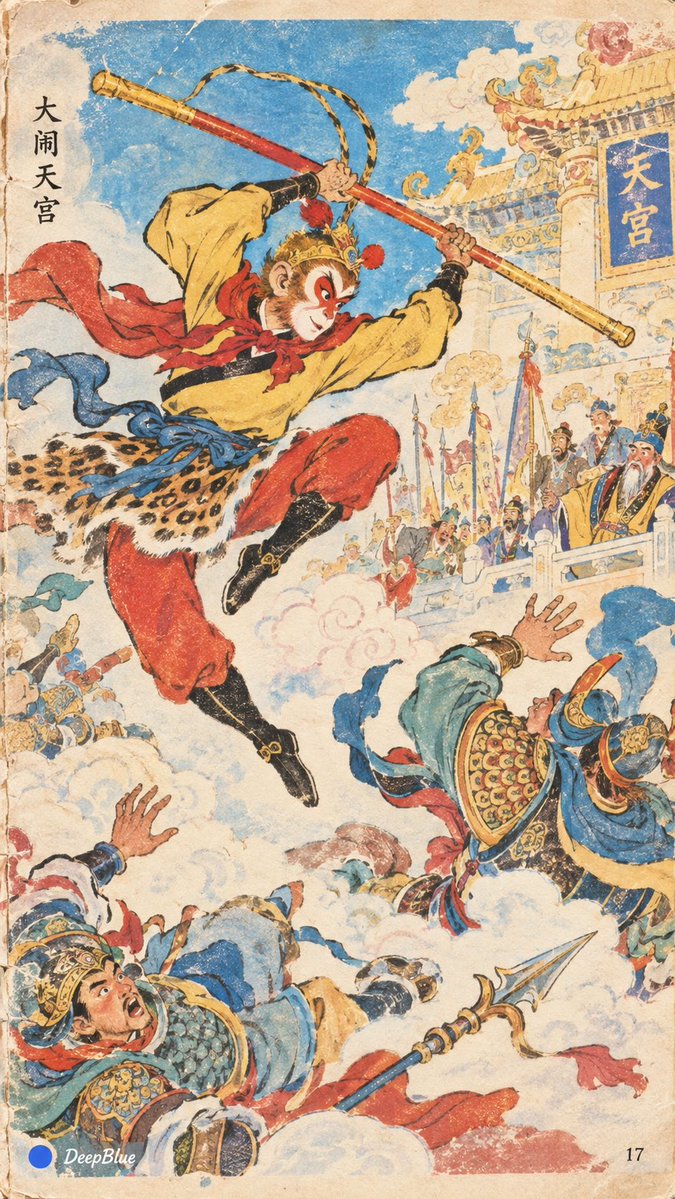 【主体】 × 90年代中国小学语文课本插画 × 明快色彩 × 情节插图 × 旧教材印刷质感 以下4图主体分别是： 洛神赋、 大闹天宫、 白蛇传、 哪吒闹海 https://t.c…