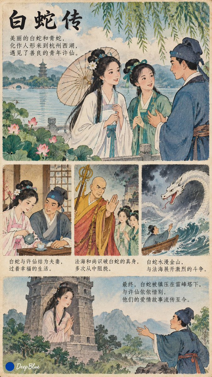 【主体】 × 90年代中国小学语文课本插画 × 明快色彩 × 情节插图 × 旧教材印刷质感 以下4图主体分别是： 洛神赋、 大闹天宫、 白蛇传、 哪吒闹海 https://t.c…