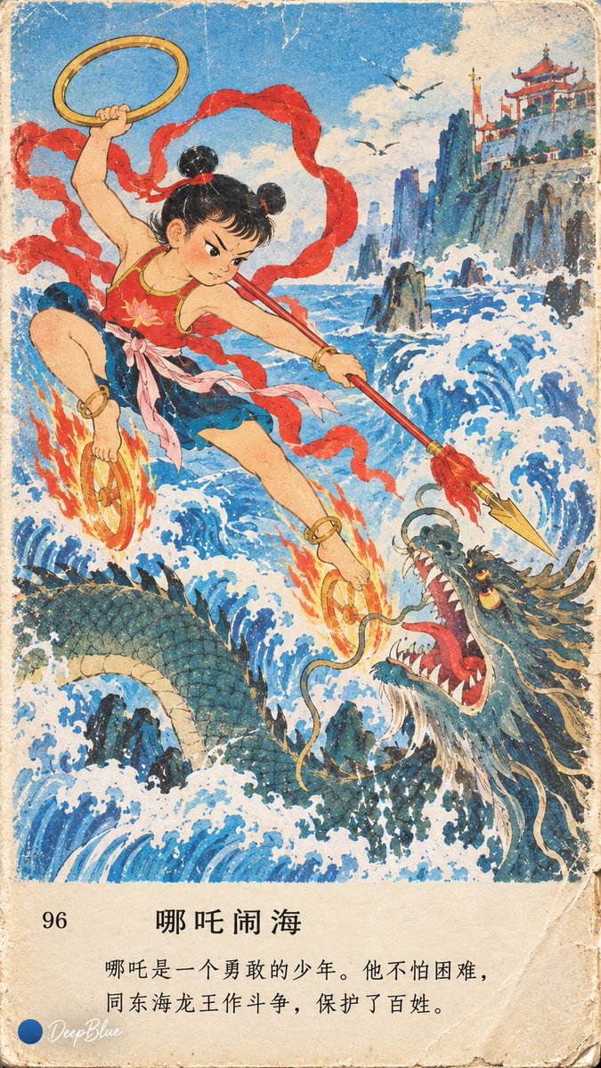 【主体】 × 90年代中国小学语文课本插画 × 明快色彩 × 情节插图 × 旧教材印刷质感 以下4图主体分别是： 洛神赋、 大闹天宫、 白蛇传、 哪吒闹海 https://t.c…