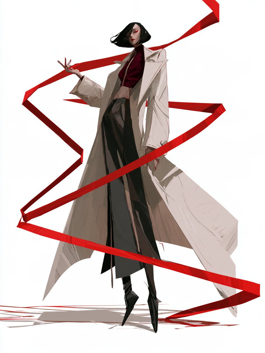 千代女士，赤缎幻影，高级时装刺客。二十出头的极高挑成年女性，锋利如刀刃的乌黑波波头，高颧骨，面无表情的怒视。身穿剪裁挺括的骨白色长款风衣，敞开的内搭为深酒红色…
