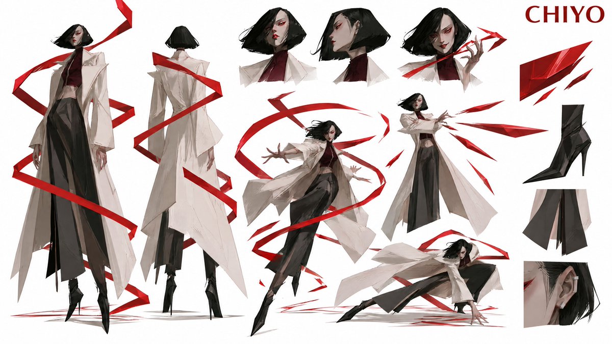 千代女士,赤缎幻影,高级时装刺客。二十出头的极高挑成年女性,锋利如刀刃的乌黑波波头,高颧骨,面无表情的怒视。身穿剪裁挺括的骨白色长款风衣,敞开的内搭为深酒红色短款上衣,配以高腰炭…