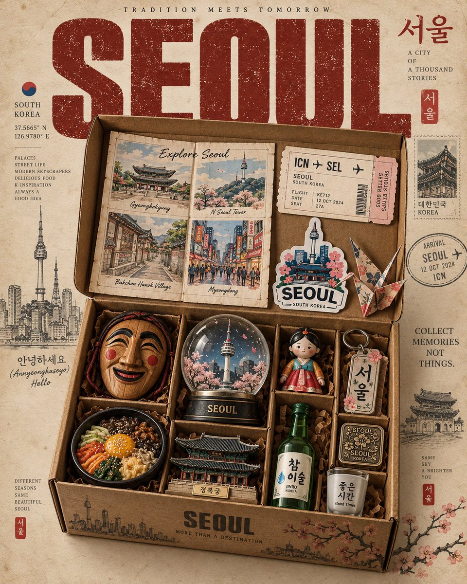 为 [COUNTRY] 制作一张高级感的 4:5 竖版 Instagram 旅游海报，作为可收藏“Souvenir Box（纪念品盒）”系列中的一部分，整体风格统一协调。 展示一…