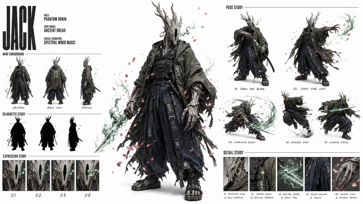 创作一张高端、现代、时尚的「角色概念美术设定图（CHARACTER CONCEPT ART SHEET）」，采用 16:9 宽屏布局，纯白色背景。所附参考图定…
