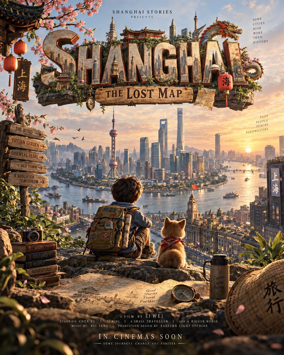 为 [LOCATION]（地点）创作一张高级感电影冒险片海报，设计为可收藏的院线电影海报。 构图：竖版 4:5 比例。上三分之一位置由巨大的立体“[LOCAT…