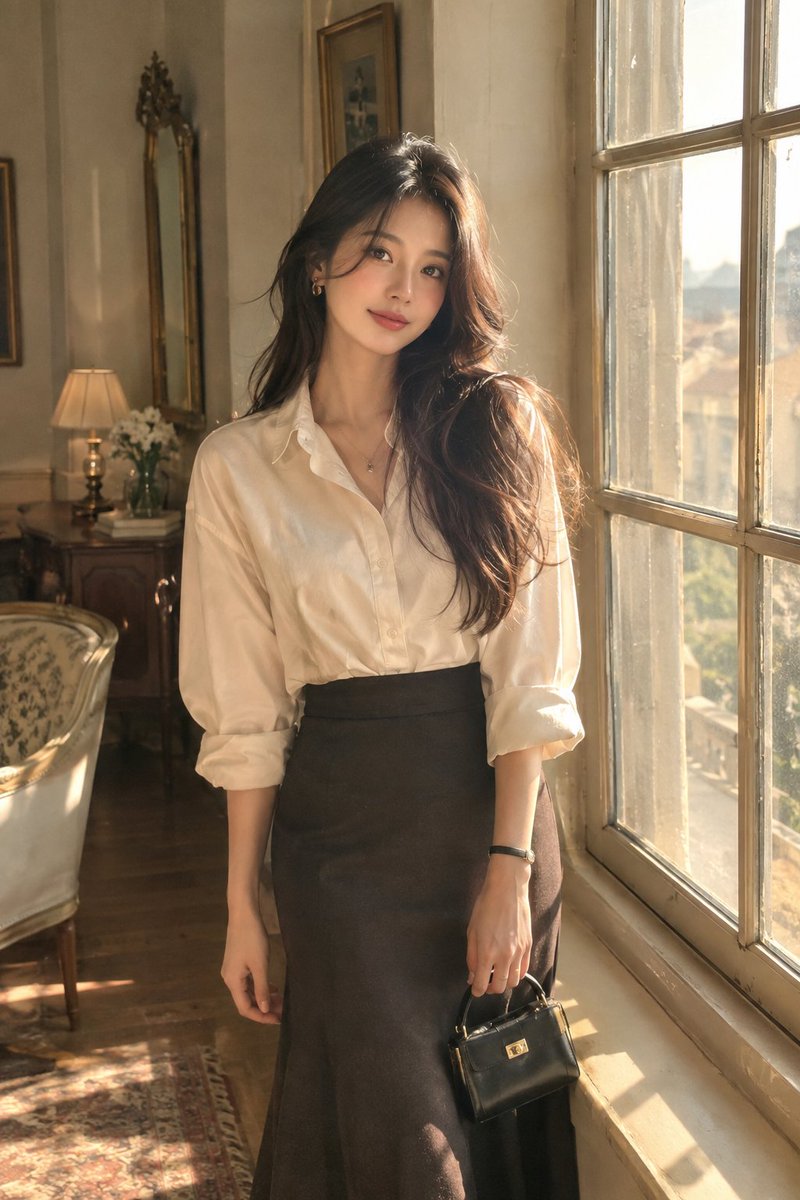 创作一张高度逼真的美学人像照：一位优雅的成年女性站在一间洒满阳光的美丽房间中一扇大型复古窗旁。她拥有一头自然飘逸的深色长发、柔和而富有表现力的双眼、真实细腻的…