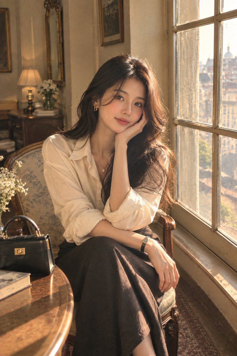 创作一张高度逼真的美学人像照:一位优雅的成年女性站在一间洒满阳光的美丽房间中一扇大型复古窗旁。她拥有一头自然飘逸的深色长发、柔和而富有表现力的双眼、真实细腻的皮肤质感、自然的面部…